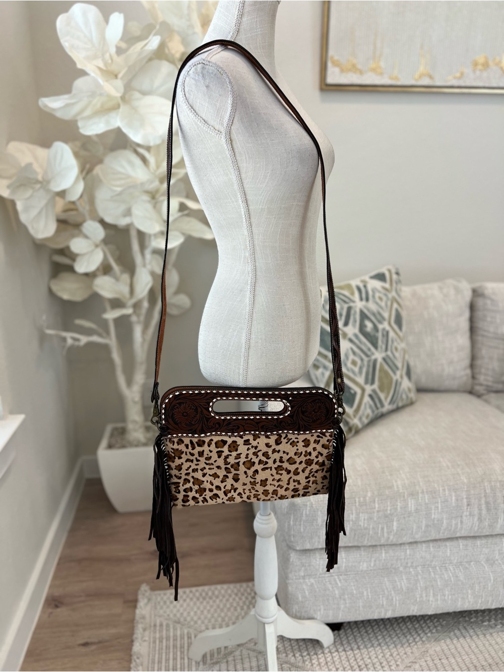 Rafter T Ranch Co Women's Brown Leopard Leather Crossbody Bag with Fringe